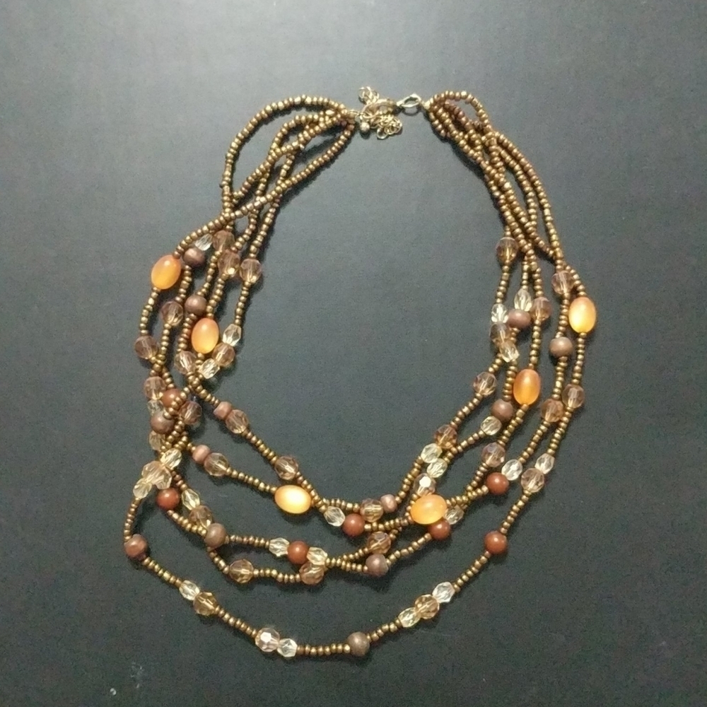Copper Tone Brown Orange Beaded Multi Strand Layered Statement Necklace